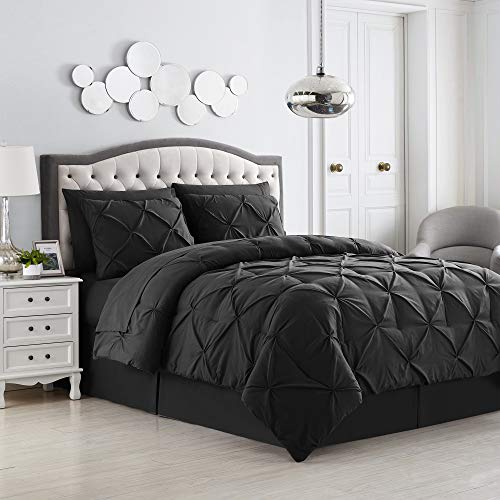 Image of Queen Comforter Set 8 Piece Bed in a Bag with Bed Skirt, Fitted Sheet, Flat Sheet, 2 Pillowcases, 2 Pillow Shams, Queen, Pintuck Black