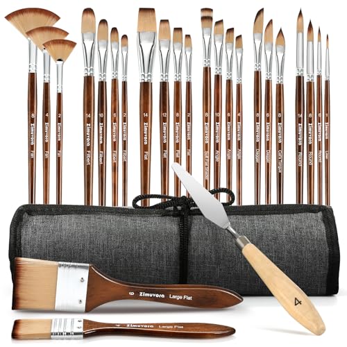 Zimuvora 25pcs Paint Brush Set, Professional Paint Brush Set with Cloth Roll and Paint Spatula, Nylon Brushes for Acrylic Painting,Watercolor,Oil,Gouache, Art Supplies for Beginners and Artists (Wood)
