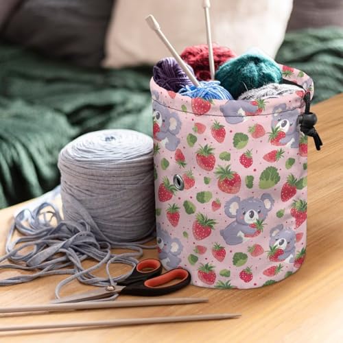 Image of Sellikakes Koala Strawberry Yarn Bag with Drawstring, Knitting Crochet Yarn Storage Bags Organizer Crochet Accessories for Crocheting Project, Store Skein Ball,Short Knitting Needles
