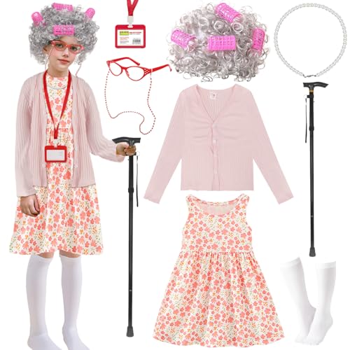 2Kids110 Kid 100th Day of School Costume, Old Lady Costume for Girls, 100 Days of School Costume Grandma Granny Wig Accessories Outfit