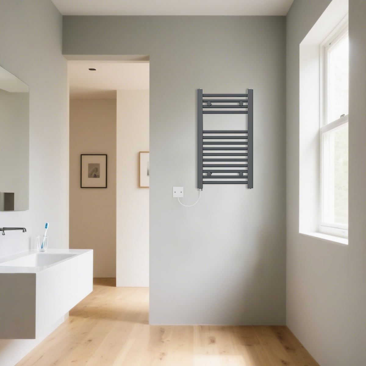 Warmehaus Manual Electric Heated Bathroom Towel Rail Warmer Straight Anthracite Radiator Rad Prefilled 700X400mm 300W