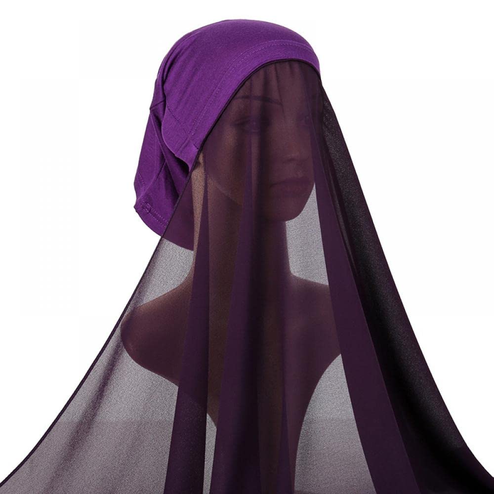 GoodernGoodern Instant Hijab with Veil,Islam Turban Wrap Modal Hijab Cap Soft Hijab Long Under Scarf Caps with Undercap Muslim Fashion Solid Color Chiffon Head Wraps Full Cover Shawl Cap for Women-Purple
