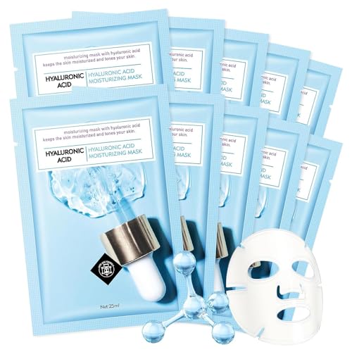 10 Sheets Face Mask Skincare Hyaluronic Acid Face Masks, Hydrating Face Masks Skin Care, Deeping Moisturizing Facial Masks for All Skys Types, Smoothing Party Spa Gift for Women
