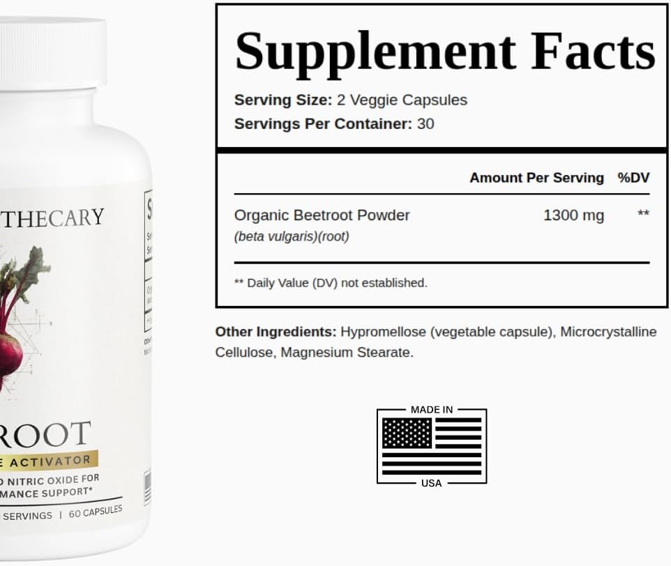 Organic Beetroot Capsules | 1300mg Beet Root Powder | Nitric Oxide Precursor | 60 Vegetarian Capsules | Non-GMO, Gluten Free, Vegan