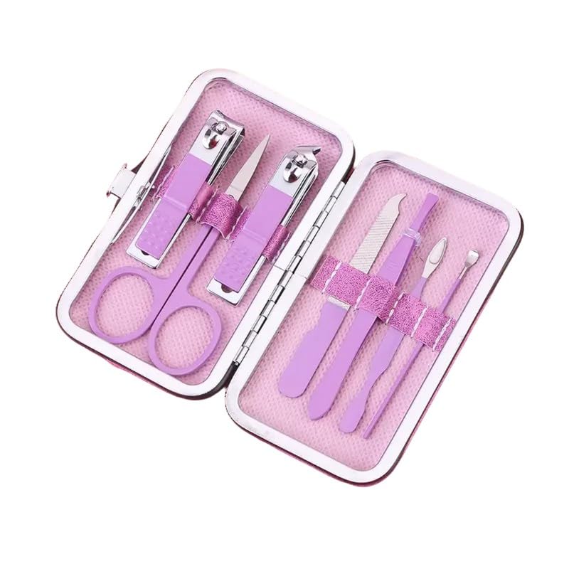 Generic Nail Clipper Set 7 pcs Professional Manicure Set - Stainless Steel, Professional Grooming Kit PU Leather Folding Case, Nail Care Tools with Luxurious Travel Case for Women and Men Purple