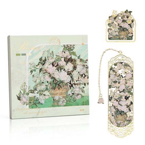 Luxury Metal Bookmark & Book Clip Gift Set Oil Painting Themed Roses 1 Bookmark with Pendant + 1 Book Clip Elegant Christmas New Year Gift Box for Women Book Lovers Writers Readers Teenage