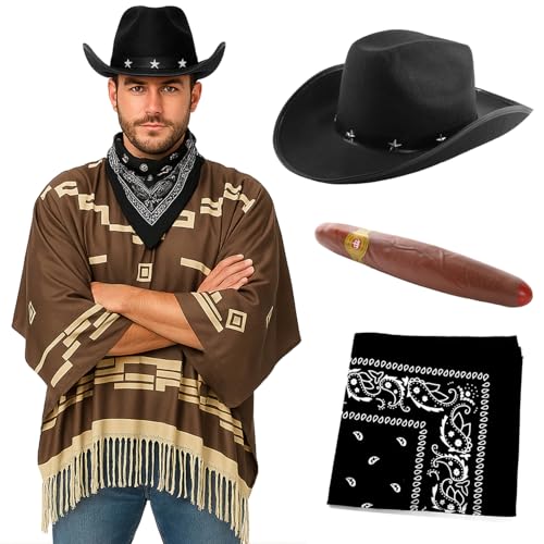 Costume de cowboy pour adulte – Poncho marron foncé avec franges à pompons, chapeau de cowboy noir étoilé, bandana cachemire noir, faux cigare – Déguisement western pour homme