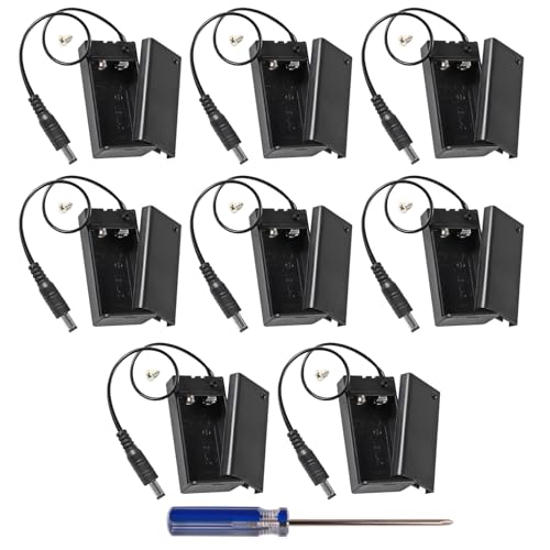 GTIWUNG 8 Piezas 9V Soporte de Batería Portapilas de Plástico con Encendido/Apagado + Enchufe de CC de 2,1x5,5 mm, Caja de Batería, con Tornillo y Destornillador