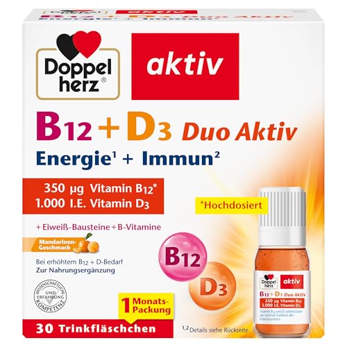 Doppelherz B12 + D3 Duo Aktiv - Hochdosiert mit Vitamin B12 + D3 zur Unterstützung einer normalen Funktion des Immunsystems - 30 Trinkfläschchen, Flüssigkeit