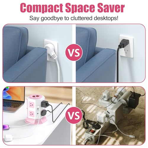 Pink Tower Power Strip with Overload Protection | HITRENDS 8 AC Outlets + 4 USB Ports | 16AWG/10Ft Extension Cord with Multiple Outlets | Space-Saving Design for Office & Home(1625W, 1050J) — view 6