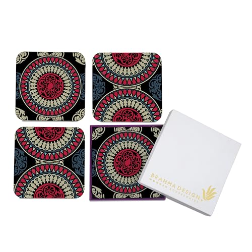 Image of Wooden Coaster Set with Gift Box | Black Mandala Design | Set of 4 Tabletop Square Coasters 3.75 inch x 3.75 inch | Kitchen Table Wooden Decorative Items | for Cups, Mugs, Cans, Glasses