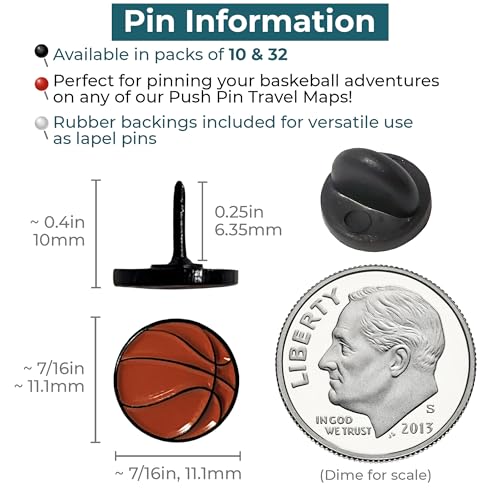 Image of Basketball Push Pins, for Cork Board, Maps, or Lapel Pin Use, Designed in The USA, Basketball Pins, Set of 10