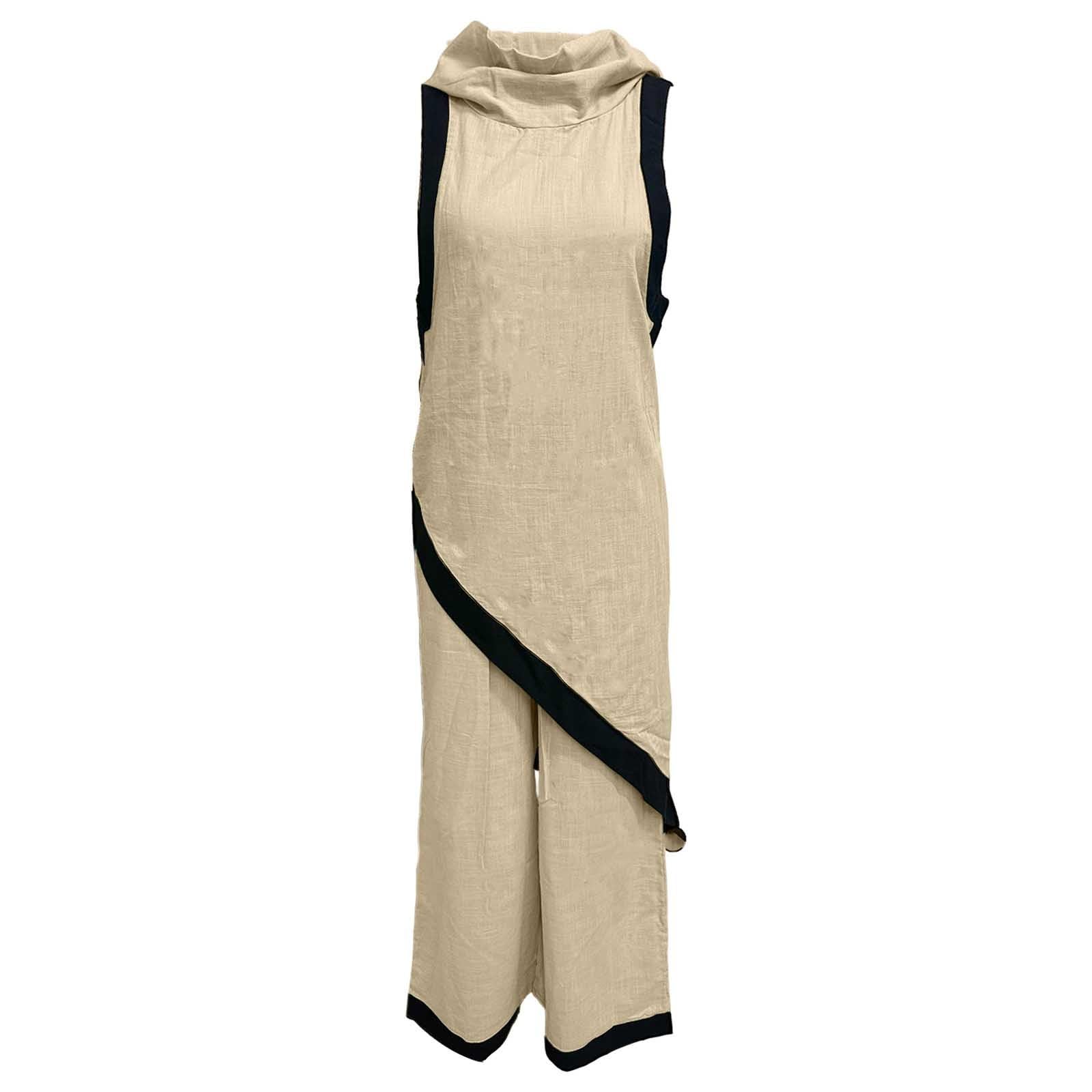 Zweiteiler Damen Elegant Hochzeit Anzug Ärmelloses Tunika mit asymmetrischem Saum und Kontrastfarbenen weite Hose Freizeitanzug Casual Outfit Loungewear