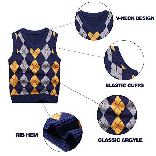 Image of Boys Sweater Vest V Neck Argyle Sleeveless Uniform Knit Plaid Kids Clothes