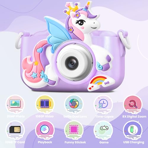 Image of Kids Camera Digital Camera for Age 3-8,1080P HD Video Selfie Toddler Camera with Soft Cover, Christmas Birthday Gifts for Kids - 32GB SD Card - Purple