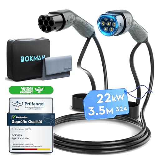 bokman Typ 2 Ladekabel, 22kW / 32A / 3-Phasig / 3,5 Meter/Modus 3, Typ 2 auf Typ 2 EV Ladekabel für Elektroauto mit Tragetasche und Mikrofasertuch
