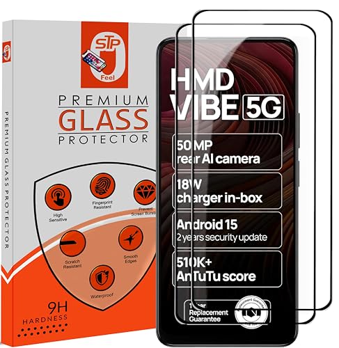 Image of STP FEEL Premium Tempered Glass Screen Protector Guard Compatible For HMD Vibe 5G (6.67 Inch, Pack of 2) | Edge to Edge Coverage With Easy to installation kit for Smartphone