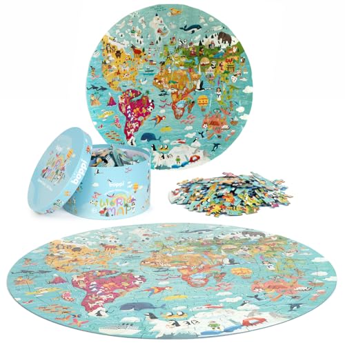 boppi Rompecabezas redondo con mapa mundial de 150 piezas de cartón reciclado para niños de 5 a 8 años con tema de animales, diámetro 58 cm miniatura 2
