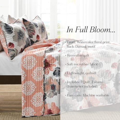 Image of Lush Decor Leah Reversible Floral Quilt Set, 3 Piece Set, King, Coral & Gray - Watercolor Botanical - Cottage Core - French Country Decor- Bedding Queen Size