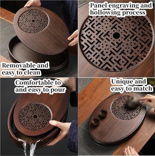 Oval Bamboo Gongfu Tea Tray with Water Storage, Chinese Kung Fu Tea Table, Vintage Tea Set for Brewing and Serving (11.4 * 8.1 * 2 in) - Image 4