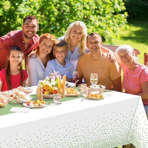 Image of 1Pcs White and Sage Green Tablecloth Decorations,Plastic White Table Cloth Printed Green Table Runner Disposable Rectangle Tables Cover for Birthday Wedding Anniversary Graduation Party,54 x108 Inch