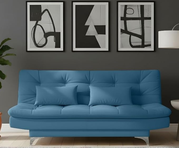 AMATA Eagle Solid Wood 3 Seater Sofa Cum Bed Sky Blue Suede Vlevet Fabric with Two Cushions Perfect for Home Living Office Room and Guests (Aqua Blue, Medium)(3 Year Warranty)
