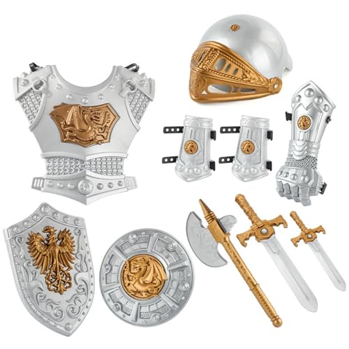 NASSMOSSE Disfraz de Caballero para niños, 10 Piezas, Armadura Medieval, Casco, Escudo, Espadas, Juego de rol, Halloween
