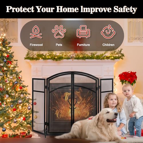 Gtongoko 3 Panel Fireplace Screen with Doors 51" W x 32" H Wrought Iron Extra Large Fireplace Screen Decorative Fire Spark Guard Grate for Living Room Home Decor - Black
