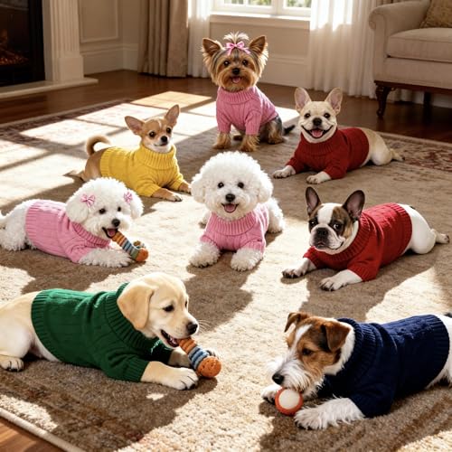 Image of Small Dog Thermal Pullover Sweater, Classic Turtleneck Cable Knitwear Dog Clothes for Cold Weather Warm Pet Clothes for Chihuahua, Bulldog, Dachshund, Pug Red Large