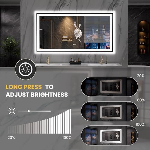 LOAAO 72"X32" LED Bathroom Mirror Black Framed, Anti-Fog, Dimmable, Lighted Bathroom Vanity Mirror for Wall, Memory Function, Tempered Glass