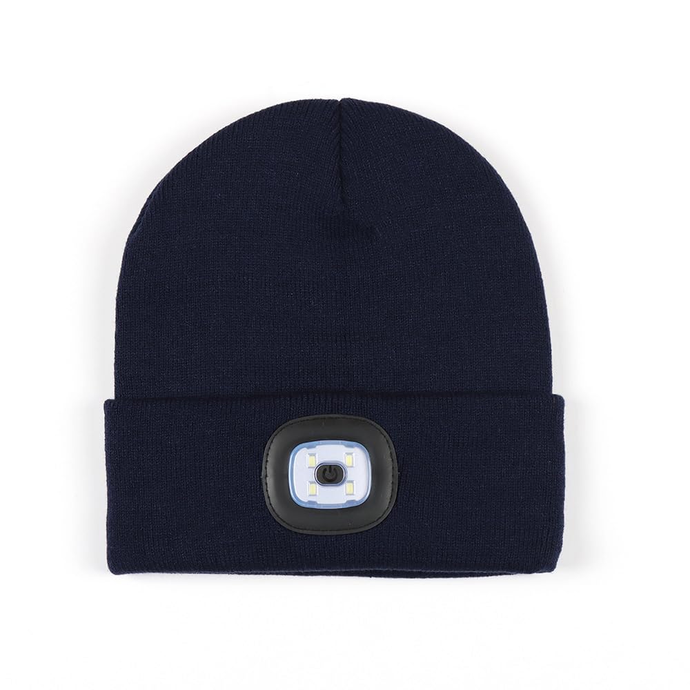 Unisex LED Beanie with Light, USB Rechargeable Hands Free LED Headlamp Hat, Knitted Night Light Beanie Cap Flashlight Hat, Navy, One size