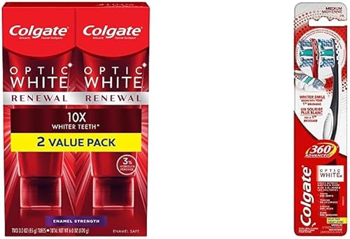Colgate Optic White Renewal - Pasta de dientes blanqueadora de dientes, fuerza de esmalte, tubo de 3 onzas, paquete de 2 y cepillo de dientes