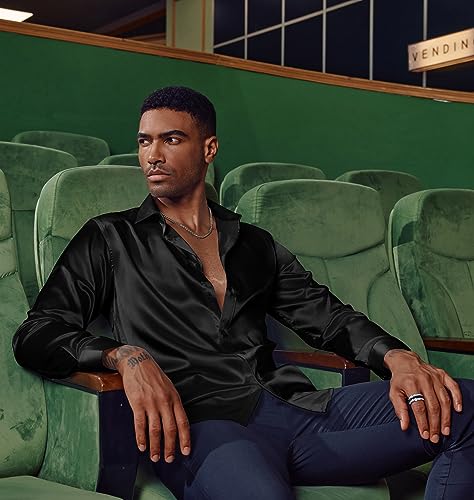 PJ PAUL JONES Men's Shiny Satin Dress Shirts Long Sleeve Button Down Silk Shirt with Bow Tie3