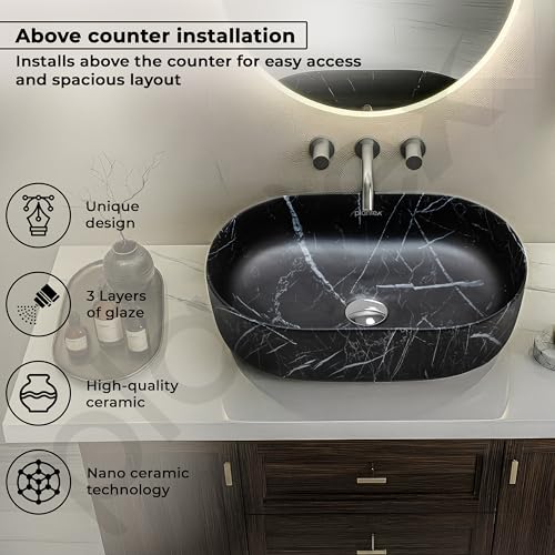 Image of Plantex Ceramic Black Washbasin /Oval Tabletop Hand Wash Basin for Bathroom /Designer Washbasin Sink for Home /Office (22x13.5x6 Inch - Marble Finish)