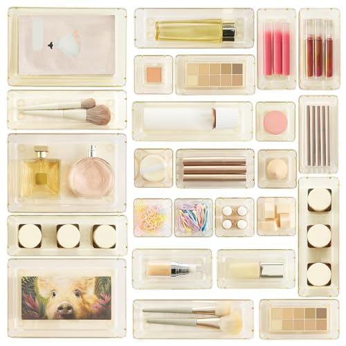 Image of Vtopmart 25 PCS Clear Plastic Drawer Organizers Set, 4-Size Versatile Bathroom and Vanity Drawer Organizer Trays, Storage Bins for Makeup, Bedroom, Kitchen Gadgets Utensils and Office