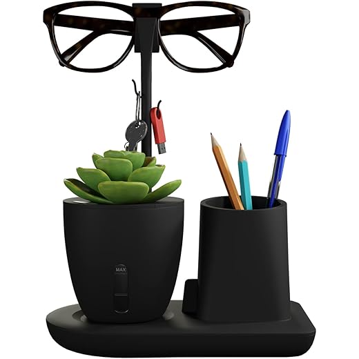 eo Pen Stand for Study Table with Self-Watering Plant Pot, Glasses & Smartphone Holder – Desk Organizer & Pencil Holder for Office, Home, Kids, Students, Study Room (Desk Station Black)
