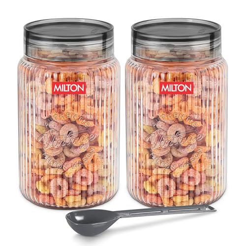 Image of MILTON Olive 2000 Airtight Food Grade Modular Plastic Container | BPA Free, Stackable & Transparent | Wide Mouth with See-Through Lid | Ideal for Cereals, Pulses, Spices, Set of 2, 2000 ml each, Grey