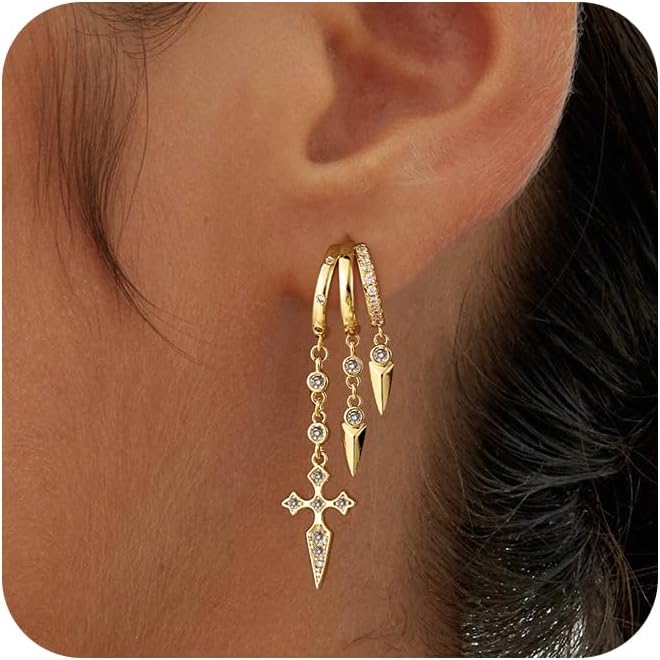 Robaice Dangle Earrings for Women,14k Gold Plated Triple Huggie Stud Earrings Dainty Drop Earrings for Women Trendy Gold Statement CZ Chain Earrings Non Tarnish Jewelry