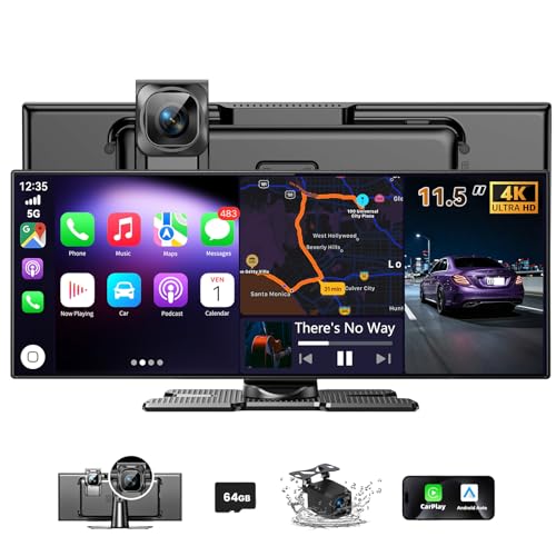 11.5" Largest Wireless Carplay HD Screen for Carplay & Android Auto Car Stereo with 4K Dash Cam 1080P Backup Camera, GPS Navigation/Bluetooth/Mirror Link/Voice Control/AUX/FM/Siri