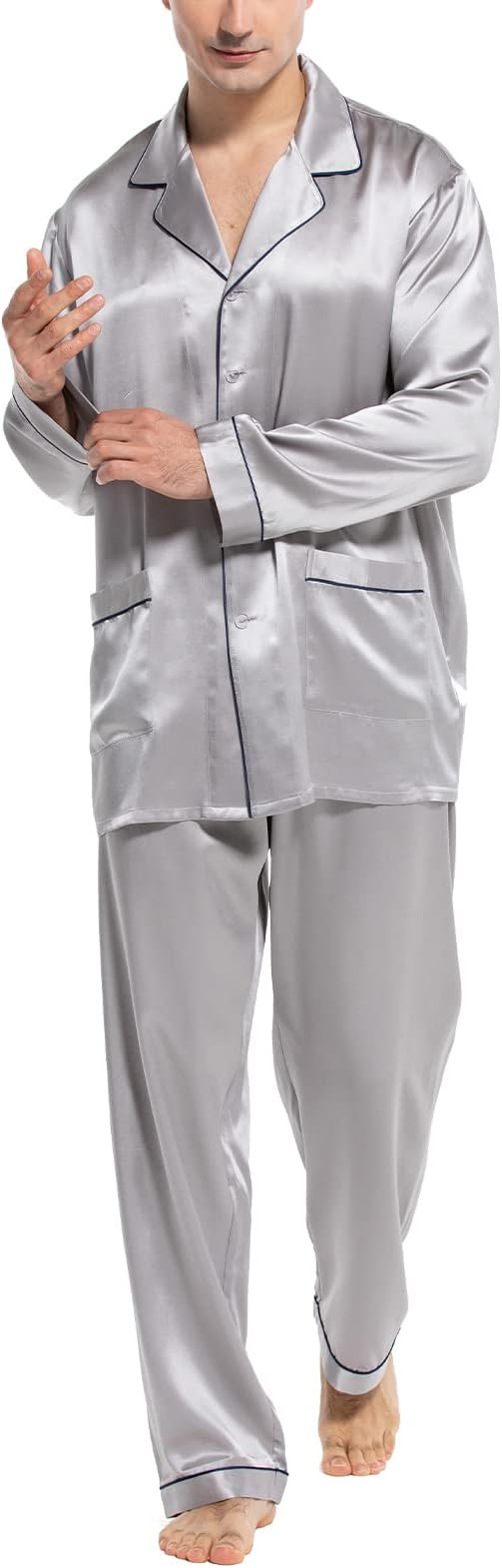 COLD POSH Men's Silk Pajamas Set Long Sleeve 2PC Luxury Silk Sleepwear Button-Down PJ Set