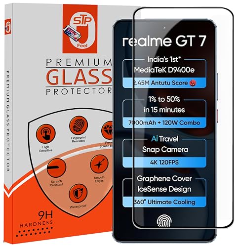 Image of STP FEEL Premium HD+ Tempered Glass Screen Protector Guard Compatible For Realme GT 7 5G (6.78 Inch, Pack of 1) | Edge to Edge Coverage With Easy to installation kit for Smartphone