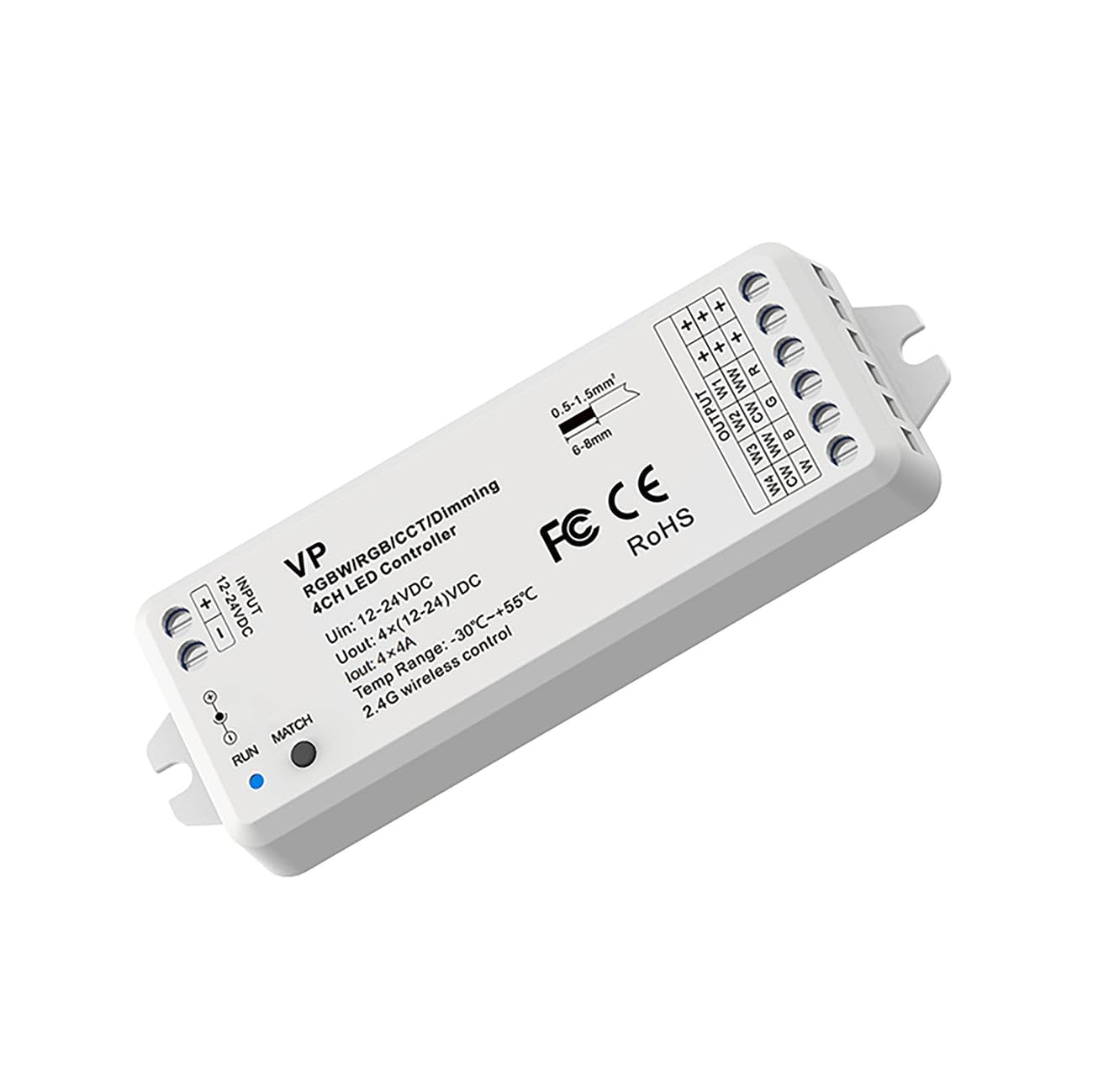 4CH*4A 12-24V DC 2.4GHz RF Controller for Single Colour/CCT/RGB/RGBW LED Strip Lights, VP