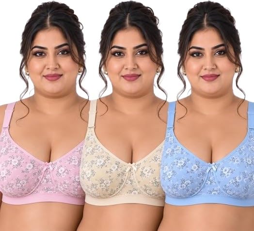 emavic Women's Cotton Blend Full Coverage Non-Padded Wire-Free C Cup Heavy Bust Minimizer Printed Bra Combo Pack of 3 (Lovely C Cup-30)-picture-47