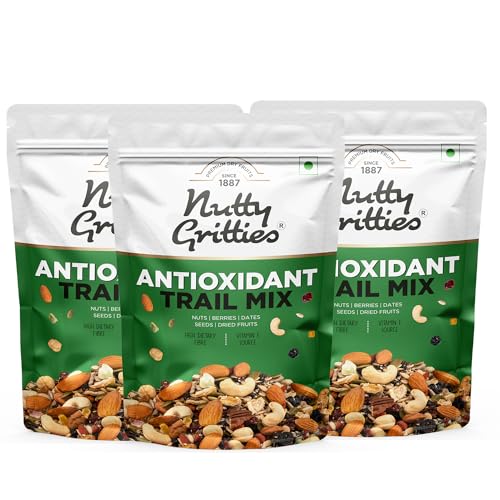 Image of Nutty Gritties Antioxidant Trail Mix 600g | 21 Superfoods in 1 Mix | Including Almonds, Hazelnuts, Brazil Nuts, Berries, Dry Dates, Chia Seeds, Pumpkin Seeds and Many More Mixed Dry Fruits | Resealable Pouch (Pack of 3, Each Pack 200g )