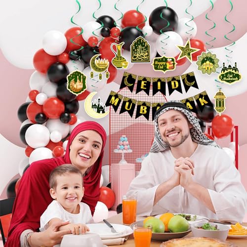 Image of Rozi Decoration Eid Mubarak Balloons Garland Decorations Set of - 73 Pcs with Banner, Swirls, Balloons, Arch & Glue Dot for Ramzan Decorations, Eid Decorations for Home