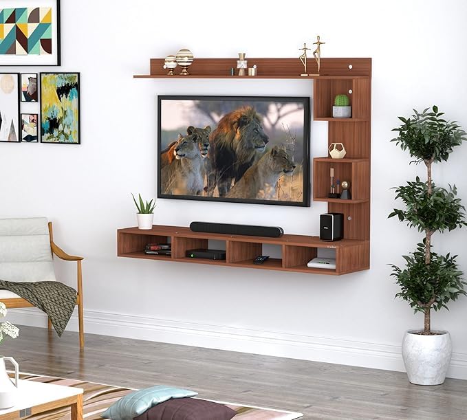 Image of Anikaa Kirina Engineered Wood Wall Mount TV Unit with LED Lights TV Cabinet TV Entertainment Unit Set Top Box Stand (Walnut) (Ideal for 43 Inch)(D.I.Y)