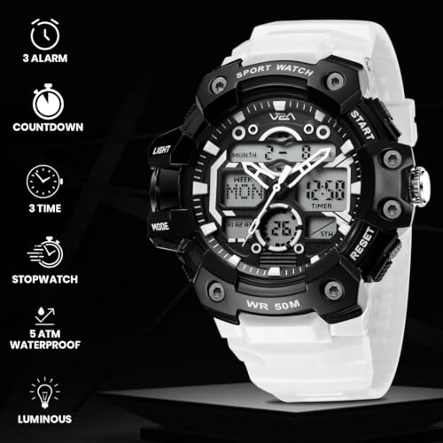 Image of V2A Stryke 53mm Analog Digital Sports Watch for Men | 3 Alarms & Countdown Timer | Layered Multi-Display Dial | Stopwatch, Dual Time, Day-Date | TPU Strap | 50M Water Resistant | Gift for Men