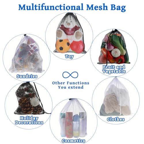Mesh Drawstring Bags - 6pc Set (3 Black, 3 White) - Drawstring Cord Lock - Nylon Mesh - Sports Gym Beach Toys Bag - 15.7 * 11.8 Inches3