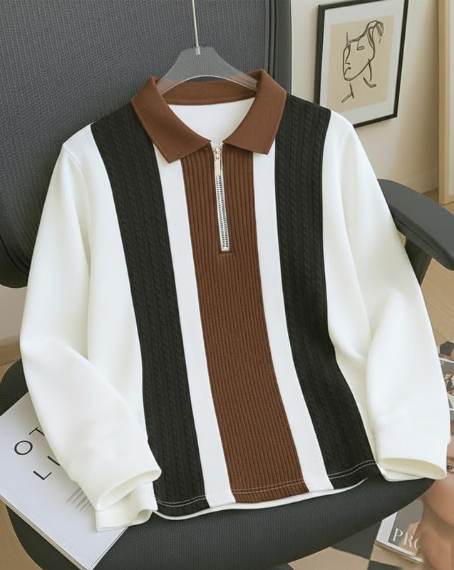 Image of AUSK Men Tshirt with Zipper Neck Self Design Cotton Blend T-Shirt for Mens