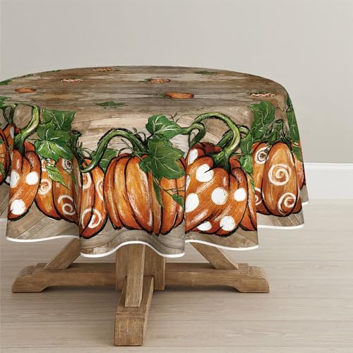 Horaldaily Fall Tablecloth 70×70 Inch Round, Thanksgiving Autumn Harvest Orange Wood Plank Grain Pot Pumpkin Table Cover for Party Picnic Dinner Decor